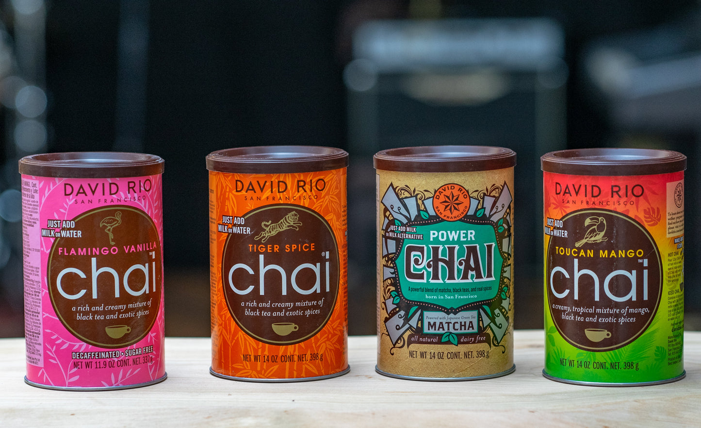 David Rio Chai Latte, Sorten: Flamingo Vanilla, Power Chai, Tiger Spice und Toucan Mango